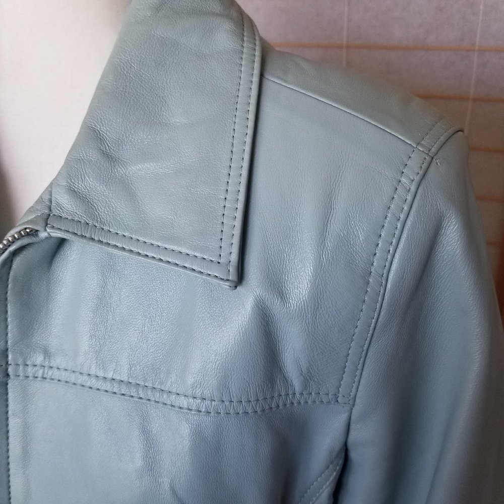 Light Blue Leather Zip Front Blazer Jacket - Picture 7 of 10